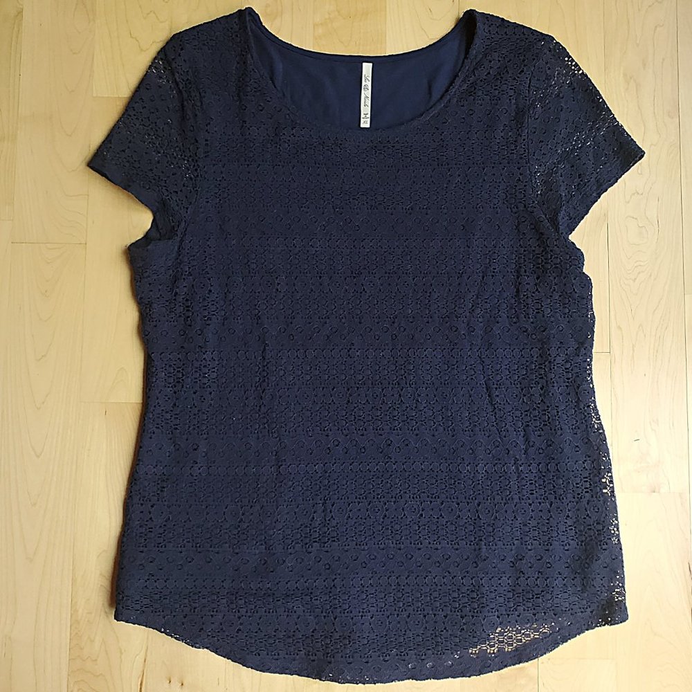 Leo & Nicole Crochet Lace Short Sleeve Top Navy Blue Women's XL Lined Stretch